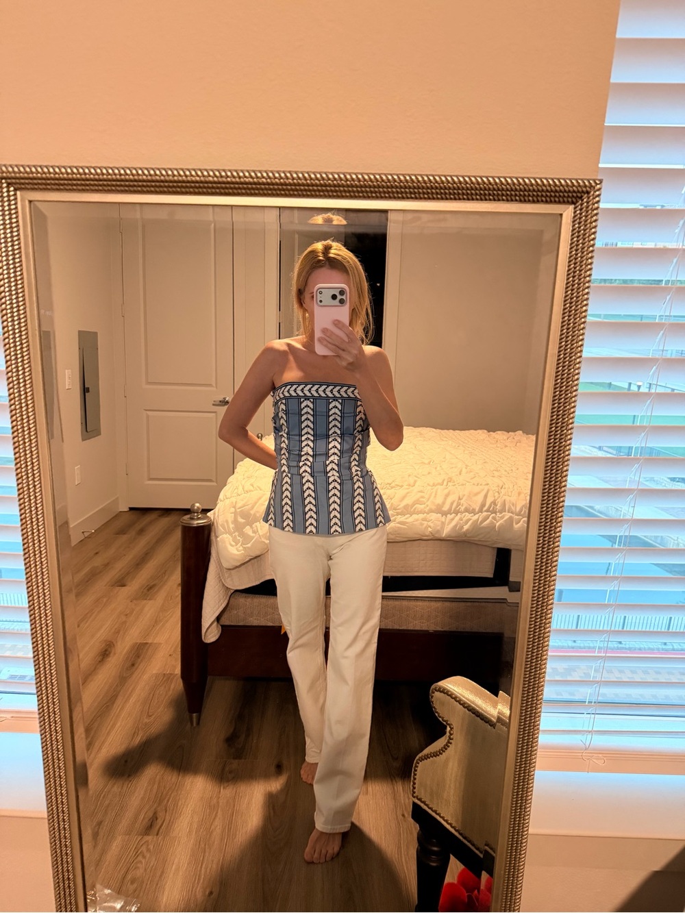 Women's Blue Striped High-Waist Corset with Contrast Belt - Picture 5 of 13